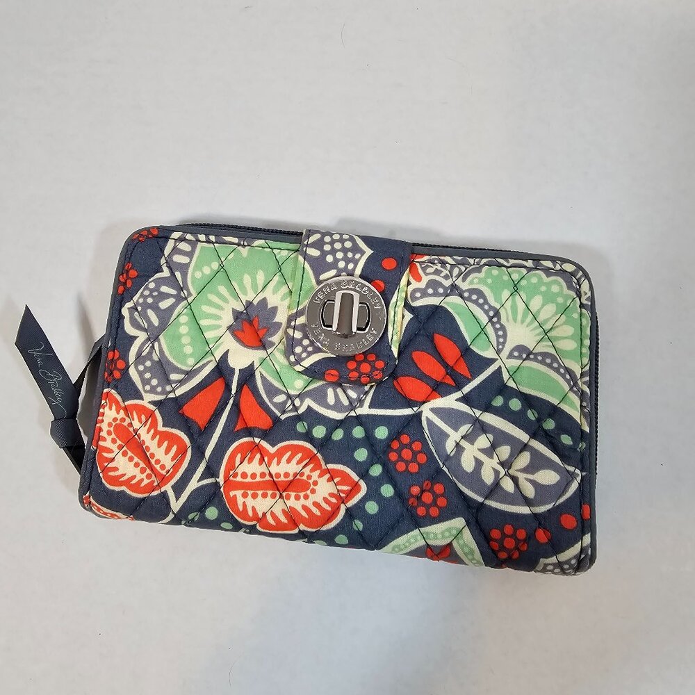 Vera Bradley, Quilted, Gray, Orange, and Green Leaf Design Clutch, Wallet